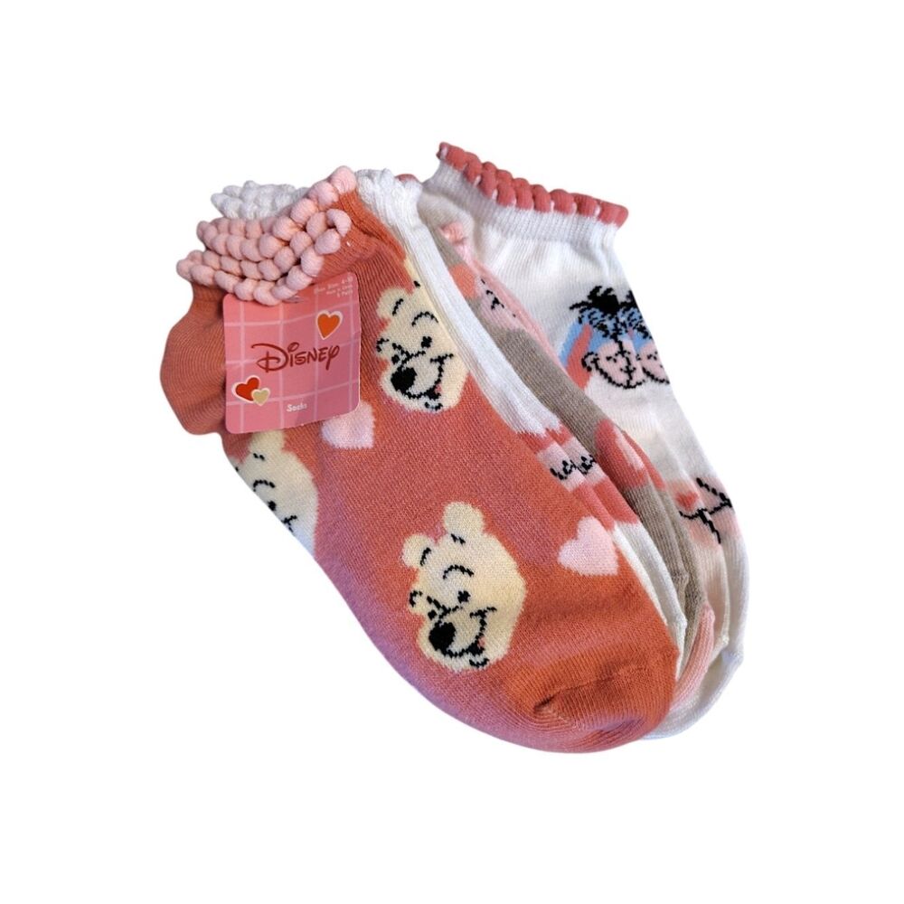 Disney Pink‎ White Winnie the Pooh 5 Pairs Ruffled Ankle Socks NWT